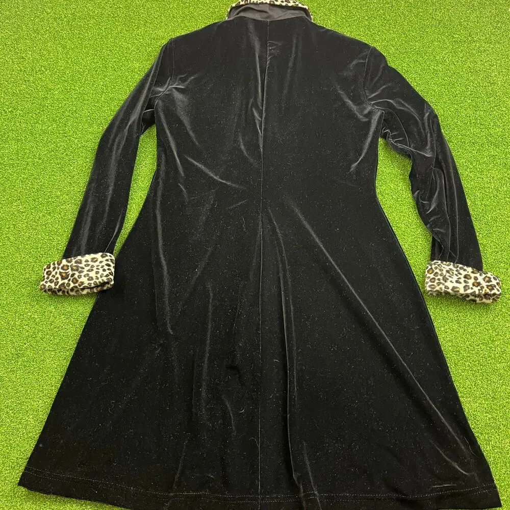 Vintage 90s Ronni Nicole Leopard Trim Black Velvet Shirt Dress Sz 10 - Picture 6 of 6